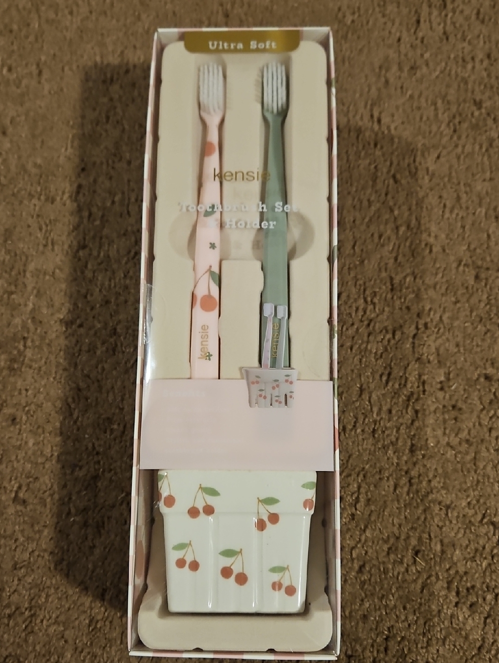 Kensie Cherry Pattern Toothbrush Set in Pink & Green